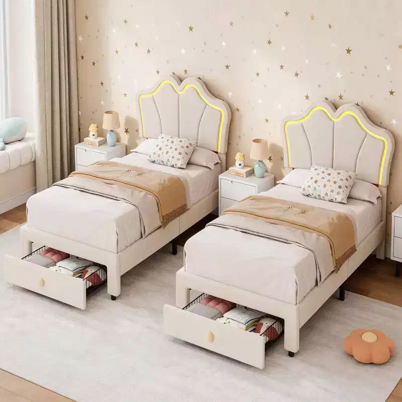 Samtbett mit Stauraum in Twin-Size mit LED-Beleuchtung, gepolsterter Plattform-Bettrahmen mit ausziehbarem Schubkasten, kein Boxspringbett erforderlich