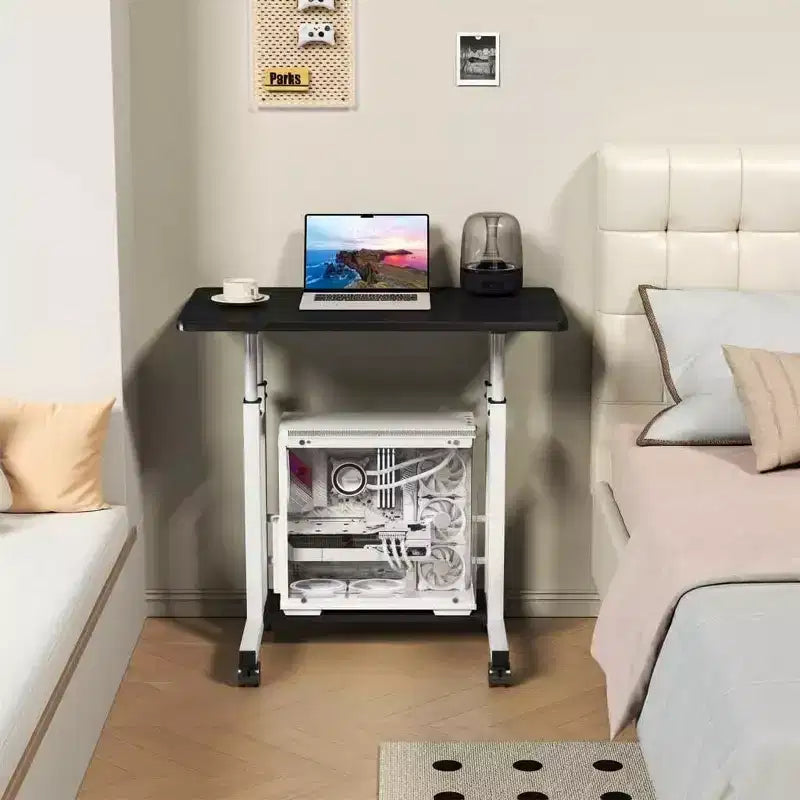 Mobiler Stehschreibtisch mit Rollen C Höhenverstellbarer Rollarbeitsplatz, feststellbare Rollen und Ablagekorb, Oberfläche für Home Office